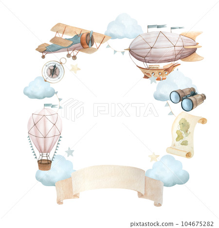 Watercolor illustration of wreath with flying vehicles and travel attributes. Airship, retro plane, hot air balloon, binoculars, steering wheel, clouds, compass, map, vintage paper 104675282