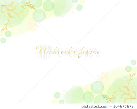 Frame background illustration with beautiful gold decoration on refreshing green dots drawn by watercolor 104675672
