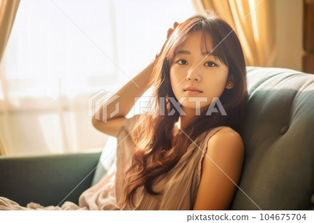 Beautiful Japanese woman sitting on the sofa 104675704