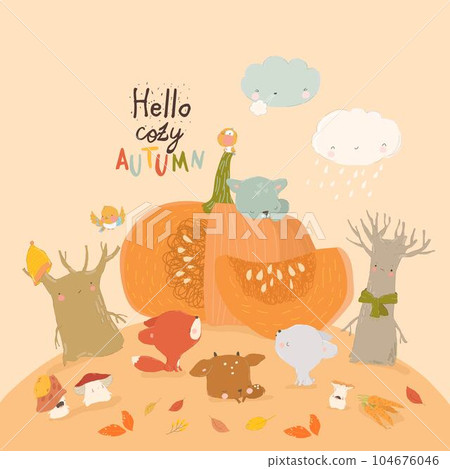 Cartoon Funny Animals with Big Pumpkin in Autumn Forest 104676046