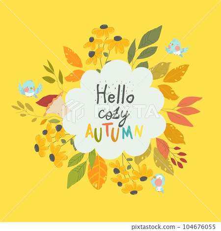 Autumn Wreath of Colorful Leaves, Flowers, Mushroom 104676055