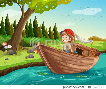 Fisherman fishing on wooden boat at the river in nature Fisherman fishing on wooden boat at the river in nature 104676139