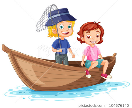 Two girl fishing on a wooden boat Two girl fishing on a wooden boat 104676140