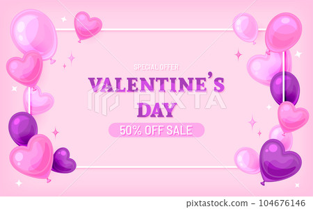 Valentine day sale balloon heart frame banner flat. Special offer holiday price flyer signboard cartoon style purple pink soft cute background love banner web poster brochure ads greeting card 104676146