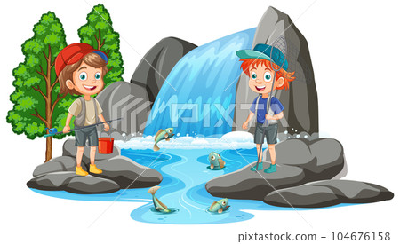 Two Kids in Waterfall Scene 104676158