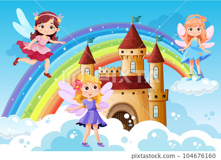 Faries flying on sky and castle background Faries flying on sky and castle background 104676160