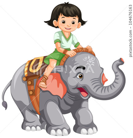 Little Girl Riding Elephant in Cartoon Style Little Girl Riding Elephant in Cartoon Style 104676163