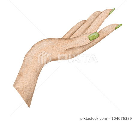 Beautiful elegant female hand with green manicure. Human body fragment. Hand drawn watercolor illustration isolated on background. Design element for card, invitation, poster, brochure 104676389