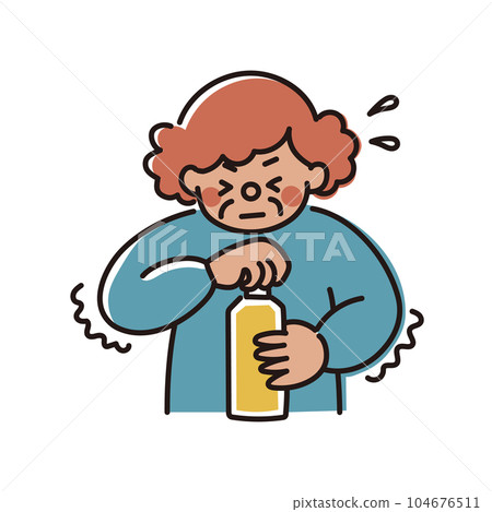 一位無法打開塑料瓶蓋的老年婦女的插圖 104676511