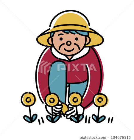 Illustration of an elderly woman tending a flower bed Illustration of an elderly woman tending a flower bed 104676515