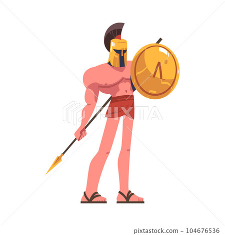 Man Spartan Soldier or Warrior in Helmet with Spear and Shield Vector Illustration 104676536