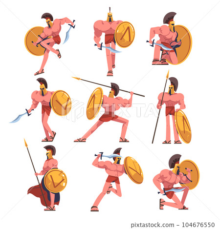 Man Spartan Soldier or Warrior in Helmet with Spear and Shield Vector Set 104676550