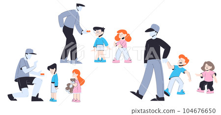 Little Children Talking to Stranger Man and Taking Treat Vector Set Little Children Talking to Stranger Man and Taking Treat Vector Set 104676650
