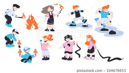 Happy Little Children Jump Over Puddle, Playing with Fire, Snakes and Pick Toadstool Vector Set 104676653