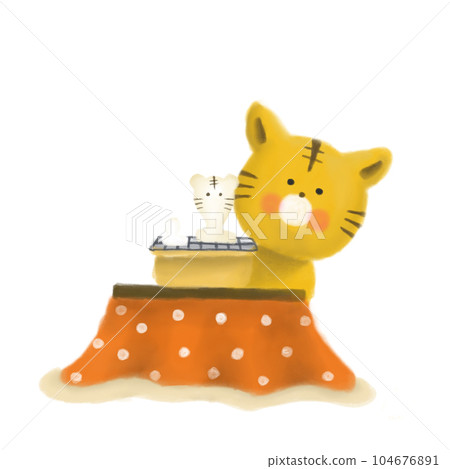 Hand-drawn illustration of a tiger baking rice cakes on a kotatsu 104676891