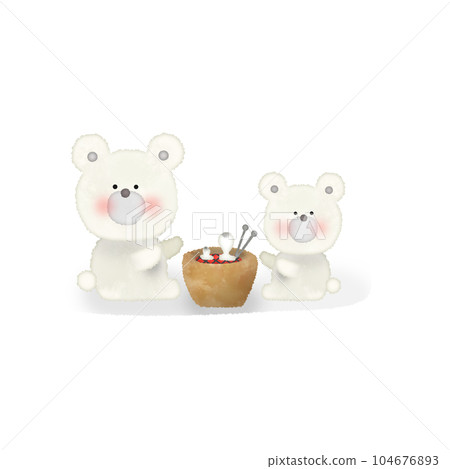 Illustration of a polar bear parent and child baking rice cakes in a brazier Illustration of a polar bear parent and child baking rice cakes in a brazier 104676893