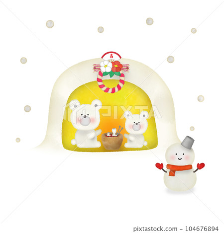 Illustration of a bear parent and child baking mochi in a kamakura Illustration of a bear parent and child baking mochi in a kamakura 104676894