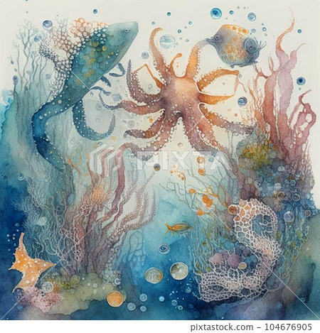 Underwater background with various sea views in watercolor style. Underwater scene. 104676905