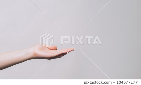 Offering gesture. Open palm. Woman holding copyspace in open hand proposing product isolated on gray empty space background. 104677177