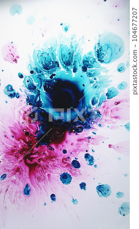 Color explosion. Paint splash. Blue pink ink splatter with curves bubble liquid stains on white background abstract illustration. Color explosion. Paint splash. Blue pink ink splatter with curves bubble liquid stains on white background abstract illustration. 104677207