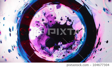 Paint swirl. Interstellar cloud. Pink blue red liquid splash in black circle frame ink floating abstract illustration on white background. Paint swirl. Interstellar cloud. Pink blue red liquid splash in black circle frame ink floating abstract illustration on white background. 104677304