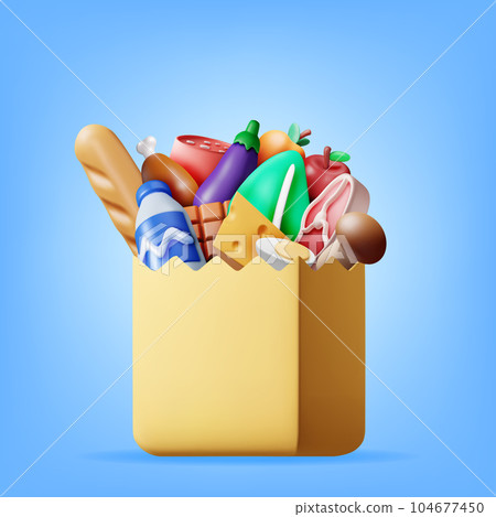 3D Shopping Paper Bag with Fresh Products 3D Shopping Paper Bag with Fresh Products 104677450