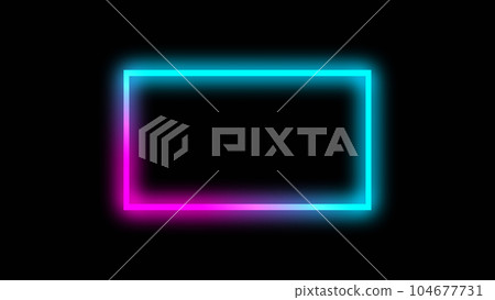 Electric frame. Neon light background. Blur pink cyan blue yellow color gradient glowing rectangle on dark black geometric abstract copy space. 104677731