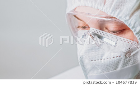 Healthcare scientist. Coronavirus pandemic. Woman doctor nurse laboratory specialist in white protective face mask and goggles glasses isolated on grey background empty space. 104677839