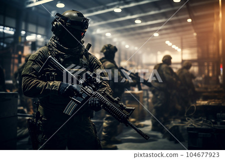 Groiup of a special forces soldiers during special operation in underground bunker. Groiup of a special forces soldiers during special operation in underground bunker. 104677923