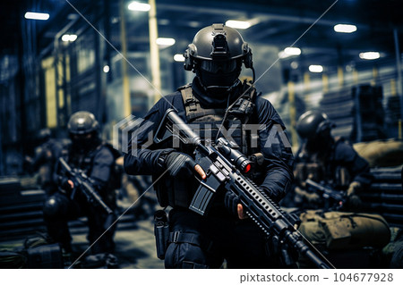 Groiup of military mercenaries during special operation in underground bunker. 104677928