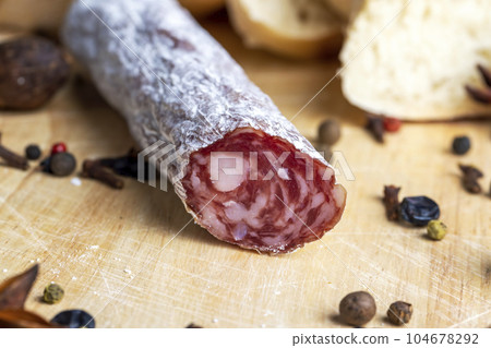 White mold on beef sausage, White mold on beef sausage, 104678292