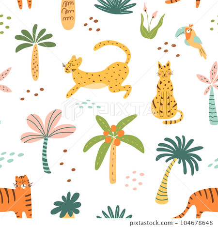 Cute palm tree and jungle animals seamless pattern. Tiger, jaguar, leopard. Vector tropical trees repeat background 104678648