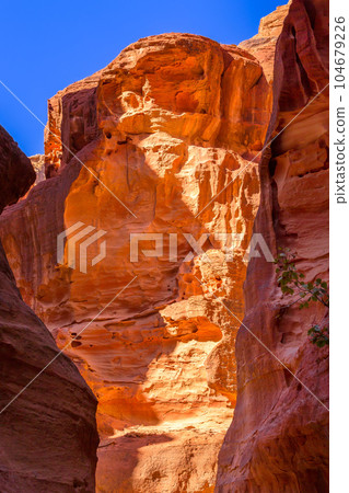 The Siq red rocks, canyon of Petra, Jordan The Siq red rocks, canyon of Petra, Jordan 104679226