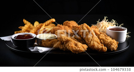 deep-fried chicken strips with barbicuit BBQ sauce on a black background 104679338