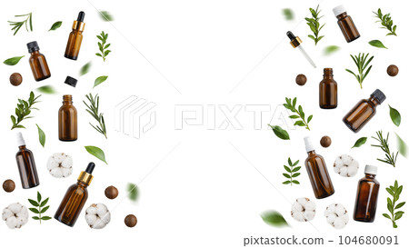 Dropper and spray bottles macadamia nuts cotton flowers and herbs isolated on white background flat lay view with copy space Dropper and spray bottles macadamia nuts cotton flowers and herbs isolated on white background flat lay view with copy space 104680091