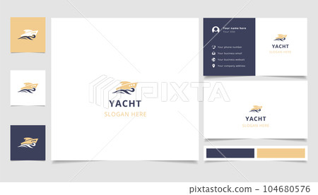 Yacht logo design with editable slogan. Branding book and business card template. 104680576