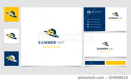Summer hat logo design with editable slogan. Branding book and business card template. 104680610