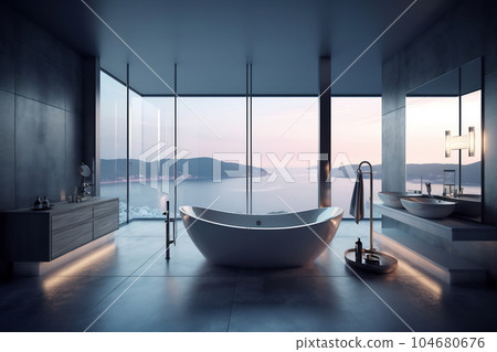 Modern contemporary loft-style bathroom with sea-style nature view 104680676