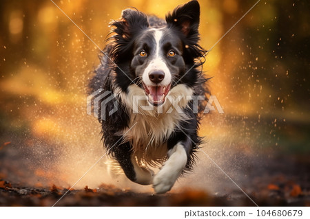 Active healthy Border Collie dog running with open mouth sticking out tongue in the forest on autumn 104680679