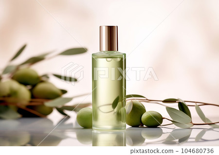 Glass bottle mock-up. Body treatment and spa. Natural beauty products. Blank bottle. Olive and olive branch 104680736