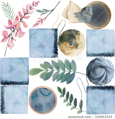 Hand drawn watercolor indigo coloring natural plant dye, hobby materials, handmade fabric. Illustration isolated seamless pattern, white background. Shop logo, print, website, business card, booklet Hand drawn watercolor indigo coloring natural plant dye, hobby materials, handmade fabric. Illustration isolated seamless pattern, white background. Shop logo, print, website, business card, booklet 104681054
