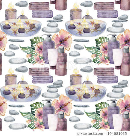 Hand drawn watercolor spa skincare bath beauty bottle and candles products package. Seamless pattern isolated on white background. For wall art, wellness resort, print, fabric, cover, card, booklet. 104681055