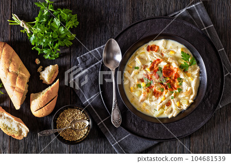 Chicken Corn Chowder in bowl, top view Chicken Corn Chowder in bowl, top view 104681539