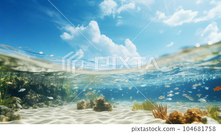 Split underwater view with sunny sky and serene sea 104681758