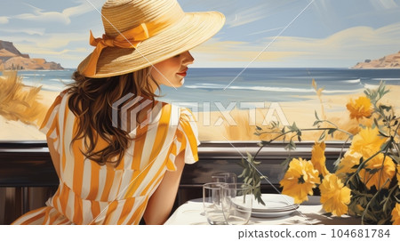 Beautiful woman in a sun hat enjoying the European beach Beautiful woman in a sun hat enjoying the European beach 104681784