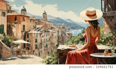 Woman in a sun hat exploring the streets of a European city 104681791