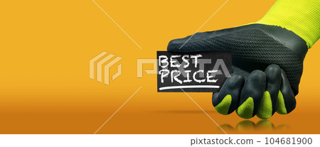 Gloved Hand Holding a Best Price Sign on an Orange Background Gloved Hand Holding a Best Price Sign on an Orange Background 104681900