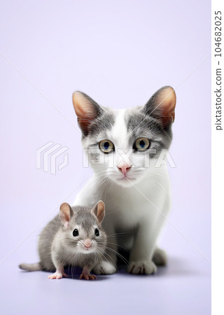 Cat and mouse on a colored background. Hunter and prey. Cat and mouse on a colored background. Hunter and prey. 104682025