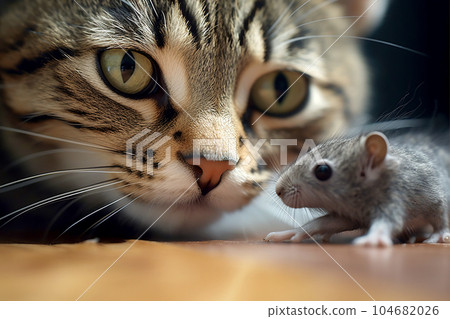 Cat and mouse together. Close-up. 104682026