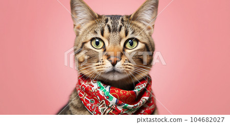Charming cat in a bandana around his neck on a colored background. 104682027
